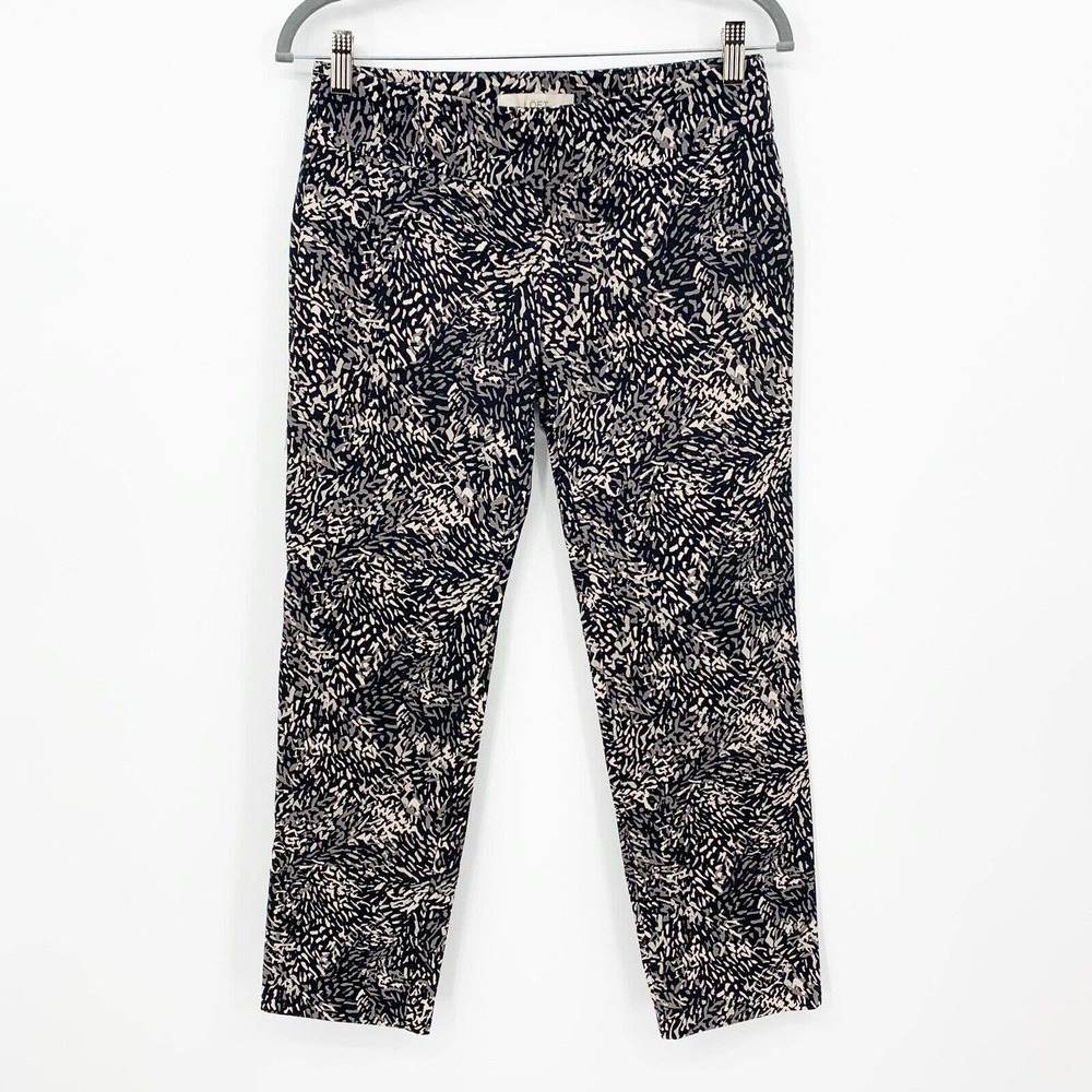 LOFT Marisa Trousers Abstract Print Slim Leg Black Grey 0 Workwear Office Career